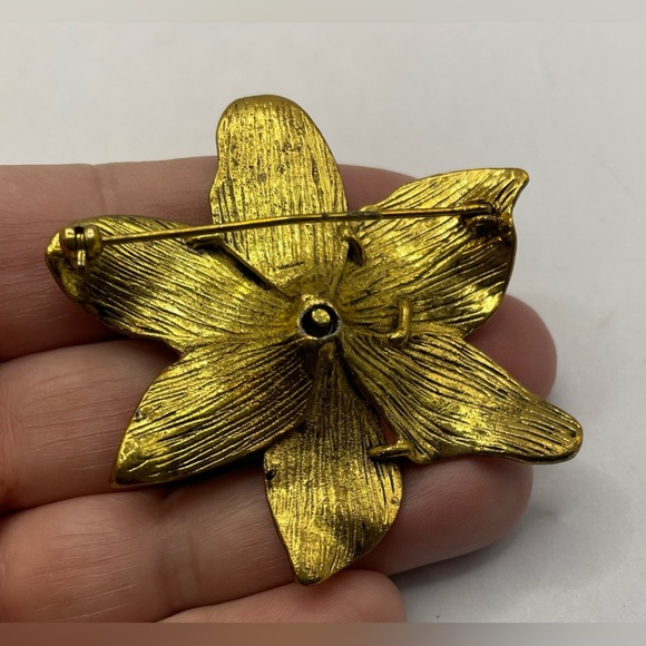 Vintage Floral Mauve Enamel Brooch Pin Gold Tone Uranium Green Faceted Crystals - Picture 3 of 7